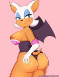  5_fingers anthro areola armwear bat big_butt black_nose blue_eyes breasts brown_skin butt clothed clothing elbow_gloves exposed_breasts female frown gloves half-closed_eyes hotkeke1 humanoid_hands leotard looking_away looking_back mammal nipples partially_clothed portrait rear_view rouge_the_bat solo sonic_(series) three-quarter_portrait url wings 