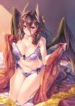  black_hair black_wings bow bra breasts frilled_bra frills hair_bow hair_ribbon head_wings indoors kimono_removed kurama_(sennen_sensou_aigis) large_breasts long_hair looking_at_viewer makirin navel panties purple_eyes ribbon sennen_sensou_aigis sitting smile solo tress_ribbon underwear underwear_only wings 