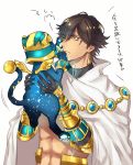  ;( =3 animal bangs black_gloves black_hair black_shirt blurry closed_mouth commentary dark_skin dark_skinned_male depth_of_field earrings egyptian_clothes elbow_gloves eyebrows_visible_through_hair eyelashes fate/prototype fate/prototype:_fragments_of_blue_and_silver fate_(series) gloves gold_earrings gold_trim hair_between_eyes hands_up highres holding holding_animal jewelry level0up male_focus motion_lines muscle ozymandias_(fate) shiny shiny_hair shirt simple_background skin_tight sphinx_awlad swept_bangs translation_request turtleneck upper_body wavy_hair white_background yellow_eyes 