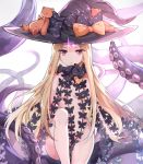  1girl :o abigail_williams_(fate/grand_order) ass bare_legs black_bow black_hat blonde_hair bow breasts cowboy_shot fate/grand_order fate_(series) hat hat_bow knee_up long_hair looking_at_viewer no_bra no_panties orange_bow parted_lips polka_dot polka_dot_bow red_eyes revealing_clothes simple_background small_breasts solo stuffed_animal stuffed_toy teddy_bear tentacle thighs user_nexz2257 white_background witch_hat 