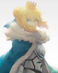  armor armored_dress artoria_pendragon_(all) blonde_hair blue_cape braid cape commentary_request crown fate/grand_order fate/stay_night fate_(series) french_braid fur_trim gauntlets green_eyes hair_bun saber saihate_(d3) sidelocks solo wind 