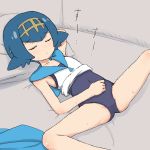  arm_behind_back blue_hair blue_sailor_collar closed_mouth eyebrows_visible_through_hair feet_out_of_frame hand_behind_head highres lying on_back one-piece_swimsuit pokemon pokemon_(game) pokemon_sm sailor_collar school_swimsuit shirt shirt_lift short_hair sleep_molestation solo spread_legs suiren_(pokemon) sweat swimsuit white_shirt yakihebi 