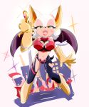  &lt;3 anthro bare_shoulders bat clothing english_text eyeshadow female fur gloves green_eyes lipstick makeup mammal navel rouge_the_bat solo sonic_(series) text video_games white_fur wings おみや 