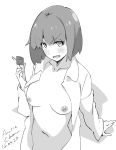  :d artist_name bangs blush bob_cut breasts collarbone commentary_request condom dated eyebrows_visible_through_hair greyscale hand_up highres holding holding_condom long_sleeves looking_at_viewer medium_breasts monochrome nipples open_mouth original short_hair signature smile solo tabata_hisayuki upper_body v-shaped_eyebrows 