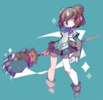  abstract amakusa_(hidorozoa) animal_ears bear_ears bear_girl bear_tail bike_shorts black_gloves black_skirt blue_background boots bow bowtie brown_bear_(kemono_friends) brown_eyes brown_footwear brown_hair closed_mouth contrapposto fingerless_gloves full_body gloves holding holding_weapon kemono_friends looking_at_viewer pleated_skirt polearm purple_neckwear shirt simple_background skirt solo standing tail weapon white_shirt 