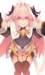  armor armored_dress astolfo_(fate) black_gloves black_ribbon cape commentary_request fate/apocrypha fate/grand_order fate_(series) garter_straps gloves hair_intakes hair_ribbon highres male_focus otoko_no_ko outstretched_arms pink_hair plackart purple_eyes ribbon saihate_(d3) thighhighs thighs 