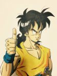  black_eyes black_hair collarbone dougi dragon_ball dragon_ball_z highres lee_(dragon_garou) male_focus marker_(medium) medium_hair smile solo thumbs_up toriyama_akira_(style) traditional_media upper_body wristband yamcha 