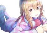  blonde_hair blush commentary feet_up headphones headphones_around_neck ienaga_mugi long_hair lying nijisanji nishi_yasuaki on_ground on_stomach open_mouth pink_pajamas smile solo striped striped_pajamas virtual_youtuber 