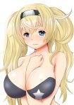  arm_up blonde_hair blue_eyes blush bra breasts closed_mouth commentary gambier_bay_(kantai_collection) hair_between_eyes hairband hifumi_kei highres kantai_collection large_breasts long_hair simple_background solo twintails underwear 