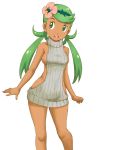  :d alternate_costume areola_slip areolae arms_at_sides artist_request backless_outfit bangs bare_arms bare_legs bare_shoulders blush_stickers breasts covered_nipples dark_skin dress eyebrows_visible_through_hair feet_out_of_frame flower green_eyes green_hair grey_sweater hair_flower hair_ornament highres long_hair looking_at_viewer low_twintails mao_(pokemon) medium_breasts meme_attire open_mouth pigeon-toed pokemon pokemon_(game) pokemon_sm round_teeth shiny shiny_hair simple_background sleeveless sleeveless_turtleneck smile solo standing sweater sweater_dress swept_bangs tareme teeth thighs tof turtleneck twintails virgin_killer_sweater white_background 