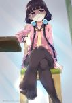  absurdres arm_rest bangs black_hair black_legwear black_sailor_collar blend_s chair collarbone commentary_request crossed_legs evil_smile eyebrows_visible_through_hair feet fingernails head_tilt highres legs long_hair long_sleeves looking_at_viewer low_twintails neki_(wakiko) no_shoes on_chair pantyhose parted_lips pink_serafuku pink_shirt pink_skirt pleated_skirt purple_eyes sailor_collar sakuranomiya_maika school_uniform see-through serafuku shaded_face shirt sitting skirt smile solo table toenails toes twintails twitter_username very_long_hair yellow_neckwear 