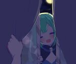  1girl bangs blurry blush bokeh closed_eyes commentary_request curtain_grab curtains depth_of_field eyebrows_behind_hair fang green_hair head_tilt highres hololive indoors medium_hair moon night night_sky pov skin_fang skull_ornament sky solo_focus upper_body uruha_rushia virtual_youtuber window yorumikan |d 