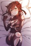  bangs bare_shoulders bed_sheet black_bodysuit black_hairband blush body_blush bodysuit breasts brown_hair closed_mouth clothes_writing evening eyebrows_visible_through_hair feet_out_of_frame from_above frown hachimaki hair_flaps hairband hatsuzuki_(kantai_collection) head_tilt headband highres kantai_collection konnyaku_(kk-monmon) leg_up looking_at_viewer lying medium_breasts on_back panties panties_under_bodysuit pillow shiny shiny_hair shiny_skin short_hair skin_tight solo sweat tearing_up tears torn_bodysuit torn_clothes underwear wavy_mouth white_panties yellow_eyes 