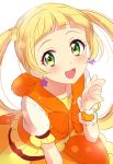  :d aikatsu!_(series) aikatsu_friends! bangs blonde_hair blunt_bangs blush bow bowtie dress earrings green_eyes hand_up highres hinata_ema_(aikatsu_friends!) jewelry long_hair looking_at_viewer open_mouth orange_bow orange_dress orange_neckwear orange_sailor_collar puffy_short_sleeves puffy_sleeves sailor_collar sekina short_sleeves simple_background smile solo star star_earrings twintails upper_body white_background wrist_cuffs 