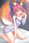 :d absurdres animal_ear_fluff animal_ears babydoll bangs bare_arms bare_shoulders barefoot bed_sheet between_legs blue_bow blue_panties blush bow breasts brown_hair cleavage collarbone commentary_request eyebrows_visible_through_hair fate/extra fate_(series) fox_ears fox_girl fox_tail hair_between_eyes hair_bow hand_between_legs hand_up highres large_breasts leaning_forward long_hair looking_at_viewer moyoron open_mouth panties pink_hair see-through side-tie_panties smile solo tail tail_raised tamamo_(fate)_(all) tamamo_no_mae_(fate) twintails underwear very_long_hair 