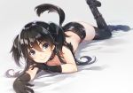  animal_ears black_footwear black_gloves black_hair black_legwear blue_eyes commentary_request gloves long_hair looking_at_viewer lying mmu on_stomach original shoes smile solo tail thighhighs 