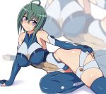  ahoge ass_visible_through_thighs bangs bare_shoulders blue_leotard blush breasts closed_mouth commentary_request covered_navel elbow_gloves eyebrows_visible_through_hair facial_mark gloves green_hair hair_between_eyes highres kannagi_itsuki large_breasts leotard looking_at_viewer lying on_side ponpo purple_eyes shiny shiny_clothes shiny_hair shiny_skin short_hair solo sora_wo_kakeru_shoujo thighhighs white_background zoom_layer 