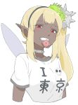  absurdres bad_id bad_twitter_id blonde_hair carnivorous_plant choker clothes_writing commentary condom condom_in_mouth condom_wrapper cropped_arms cropped_torso dark_elf dark_skin donguri_suzume elf elu_(nijisanji) fairy_wings grin hair_ornament hairband highres i_heart... looking_at_viewer mouth_hold nijisanji plant pointy_ears red_eyes shirt short_sleeves side_ponytail simple_background skull_print smile solo spiked_choker spikes t-shirt upper_body venus_flytrap very_dark_skin white_background wings 