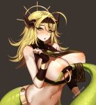 ahoge bare_shoulders blonde_hair blush breasts breasts_outside brown_gloves commentary english_commentary eyebrows_visible_through_hair eyes_visible_through_hair fingerless_gloves gloves green_eyes grey_background hair_between_eyes horns huge_breasts lamia long_hair looking_at_viewer monster_girl navel nipples open_mouth simple_background solo stomach tail tail_ornament terupancake twitter_username upper_body 