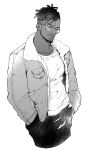  beard black_panther_(film) bomber_jacket dark_skin dark_skinned_male facial_hair glasses hairlocs hands_in_pockets jacket killmonger male_focus marvel matsu_(bandan) monochrome mustache ponytail solo 