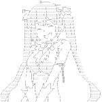  1girl arm_ribbon ascii_art bangs black_hair bow breasts cleavage cleavage_cutout closed_eyes dungeon_ni_deai_wo_motomeru_no_wa_machigatteiru_darou_ka eyebrows_visible_through_hair gloves greyscale hestia_(danmachi) large_breasts laughing long_hair looking_at_viewer monochrome open_mouth rei_no_himo ribbon simple_background smile solo twintails upper_body white_background white_gloves 