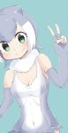  animal_ears cosplay covered_navel elbow_gloves eyebrows_visible_through_hair fingerless_gloves gloves green_eyes grey_hair highres kemono_friends looking_at_viewer menturm1120 multicolored_hair one-piece_swimsuit otter_ears short_hair small-clawed_otter_(kemono_friends) small-clawed_otter_(kemono_friends)_(cosplay) smile solo swimsuit v white_hair 