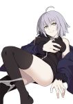  ahoge ass bare_shoulders black_legwear breasts eyebrows_visible_through_hair fate/grand_order fate_(series) fur-trimmed_sleeves fur_trim grey_hair jeanne_d'arc_(alter)_(fate) jeanne_d'arc_(fate)_(all) lying medium_breasts ningen_(ningen96) off_shoulder on_back panties panties_around_ankles panty_pull self_fondle short_hair smile solo thighhighs thighs underwear white_background white_panties wicked_dragon_witch_ver._shinjuku_1999 yellow_eyes 