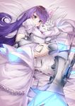  blue_eyes doll_hug dress fate/grand_order fate_(series) fou_(fate/grand_order) frilled_dress frills highres long_hair lying meltlilith midriff on_bed on_side purple_hair sleeves_past_wrists soupchan spikes stuffed_animal stuffed_toy very_long_hair white_dress 