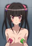  absurdres angry bangs black_hair blunt_bangs blush body_blush breasts chi_moooon closed_mouth collarbone commentary_request condom condom_wrapper covering covering_nipples hair_ornament highres long_hair looking_at_viewer nude pink_eyes senki_zesshou_symphogear shiny shiny_hair shiny_skin small_breasts solo tsukuyomi_shirabe twintails upper_body 