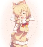  :d alpaca_ears alpaca_suri_(kemono_friends) animal_ears blonde_hair closed_eyes commentary cowboy_shot fur_collar fur_trim hair_over_one_eye hand_on_own_cheek highres kemono_friends long_sleeves open_mouth short_hair smile solo tail takashiru twitter_username 