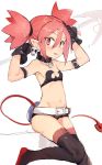 armband bare_shoulders belt black_choker black_footwear black_gloves blush choker commentary_request demon_girl demon_tail disgaea earrings etna flat_chest gloves hands_up highres hiranko holding jewelry legs_together looking_at_viewer makai_senki_disgaea micro_shorts navel parted_lips pink_eyes pink_hair pointy_ears shorts skull_earrings smile solo tail thighhighs twintails 