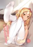  blonde_hair bow brown_eyes cameltoe chen_bin cover cover_page doujin_cover drill_hair eromanga_sensei feet full_body hair_bow hairband indoors legs_up long_hair looking_at_viewer lying no_shoes on_back pantyhose red_bow red_hairband smile soles solo topless white_legwear wooden_floor yamada_elf 