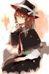  black_hat black_skirt bow brown_eyes brown_hair capelet chin_rest commentary hair_bow hat hat_bow highres long_sleeves looking_away necktie potesara red_neckwear short_hair skirt solo touhou usami_renko white_bow 