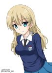  2018 alternate_hairstyle arms_behind_back black_neckwear blonde_hair blue_eyes blue_skirt blue_sweater breasts collarbone collared_shirt darjeeling dated dutch_angle emblem eyebrows_visible_through_hair flipper girls_und_panzer hair_down long_hair looking_at_viewer medium_breasts necktie pleated_skirt shirt skirt smile solo st._gloriana's_(emblem) st._gloriana's_school_uniform sweater twitter_username white_background white_shirt 