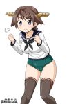  black_eyes black_neckwear black_sailor_collar boots brown_hair brown_legwear commentary_request dated flipped_hair green_swimsuit headgear hiei_(kantai_collection) kantai_collection looking_at_viewer masara_(masalucky2010) neckerchief one-piece_swimsuit sailor_collar sailor_shirt school_swimsuit shirt short_hair simple_background solo swimsuit swimsuit_under_clothes thigh_boots thighhighs twitter_username white_background 