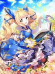  :d ahoge blonde_hair blue_dress blue_ribbon blue_sky blush book breasts bug butterfly choker cleavage cloud cpkon day dress field floating_hair flower flower_field green_eyes hair_ribbon highres insect layered_dress long_hair looking_at_viewer magic open_book open_mouth outdoors ribbon shadowverse sky smile solo twintails very_long_hair 
