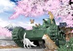  bird brick_wall cat caterpillar_tracks cherry_blossoms chi-ni cloud commentary day dog ground_vehicle inou_takashi military military_vehicle motor_vehicle mount_fuji no_humans official_art sky sparrow tank tree wargaming_japan world_of_tanks 