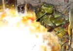  commentary explosion ground_vehicle inou_takashi military military_vehicle motor_vehicle no_humans official_art ruins sta-1 tank wargaming_japan window world_of_tanks 