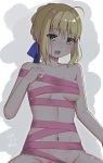  1girl absurdres aizawa85 artoria_pendragon_(all) blonde_hair blue_ribbon blush breasts collarbone fate/stay_night fate_(series) green_eyes hair_ribbon highres naked_ribbon navel open_mouth pink_ribbon ribbon saber shiny shiny_hair short_hair_with_long_locks sidelocks small_breasts solo sweatdrop underboob 
