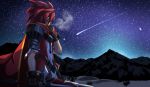  breath cape elsword elsword_(character) falling_star gloves lord_knight_(elsword) male_focus night night_sky pauldrons red_hair sando_(artist) short_hair sky snow solo star_(sky) starry_sky sword weapon 