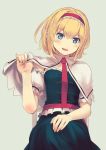  alice_margatroid bangs blonde_hair blue_dress blue_eyes capelet chair culter dress eyebrows_visible_through_hair fingernails hairband hand_up head_tilt holding necktie parted_lips red_hairband red_neckwear simple_background smile solo touhou 