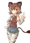  bare_shoulders bow bowtie brown_hair commentary denim denim_shorts detached_sleeves eyebrows_visible_through_hair highres kemono_friends multicolored_hair okapi_(kemono_friends) okapi_ears okapi_tail pantyhose short_hair short_shorts shorts solo striped tikano vest white_hair 