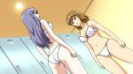  2girls :d :o agent_aika aika_zero annoyed arm ass bare_arms bare_legs bare_shoulders bra breasts brown_hair clenched_hand collarbone dutch_angle female grey_hair highres indoors legs lingerie long_hair looking_at_another medium_breasts midriff multiple_girls navel neck panties shiratori_miyu short_hair smile standing sumeragi_aika sweatdrop white_bra white_panties 