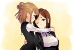  ;) arm_around_waist bangs beatrice_(princess_principal) black_dress black_jacket black_neckwear brown_eyes brown_hair commentary_request cross-laced_clothes dorothy_(princess_principal) double_bun dress hug jacket long_hair long_sleeves looking_at_another multiple_girls neck_ribbon niina_ryou one_eye_closed princess_principal purple_eyes ribbon school_uniform short_hair smile upper_body 