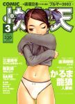  2002 artist_name brown_eyes brown_hair comic_kairakuten copyright_name cover cover_page cowboy_shot dated green_background long_hair long_sleeves magazine_cover murata_renji navel non-web_source one_eye_closed panties shirt_lift simple_background solo sweater twintails underwear white_panties 