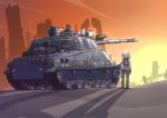  absurdres commentary_request day ground_vehicle highres m4_sherman military military_vehicle motor_vehicle original pink_hair purple_eyes rocket ruins sherman_(egnk2525) short_hair side_ponytail sunset tank 