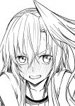  asymmetrical_bangs bangs bare_shoulders blush copyright_request greyscale highres judo_fuu long_hair monochrome nose_blush open_mouth sleeveless solo sweatdrop upper_body v-shaped_eyebrows 