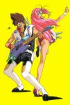  1girl 90s arm_up ass brown_hair green_eyes guitar headband high_heels highres holding instrument leg_up long_hair macross macross_7 mylene_jenius nekki_basara non-web_source official_art oka_tatsuya open_mouth pink_hair round_eyewear simple_background standing wristband yellow_background yellow_eyes 