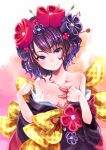  bare_shoulders blue_eyes blush breasts closed_mouth commentary_request fate/grand_order fate_(series) hair_ornament hairpin hand_on_own_chest head_tilt highres japanese_clothes katsushika_hokusai_(fate/grand_order) kimono ko_yu looking_at_viewer off_shoulder ouhashi_(yumenosukima) pink_background purple_hair purple_kimono short_hair small_breasts smile solo upper_body 