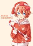  1girl :d blue_eyes blush bow candy candy_cane doki_doki_literature_club food hair_bow hat highres long_sleeves looking_at_viewer merry_christmas open_mouth orange_hair red_bow santa_costume santa_hat sayori_(doki_doki_literature_club) short_hair smile snowman sun yu_cha zipper 